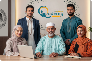 Qudemy Quran Academy team in traditional attire with Arabic calligraphy background