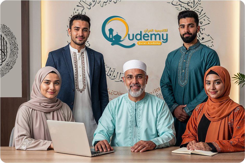 Qudemy Quran Academy team in traditional attire with Arabic calligraphy background
